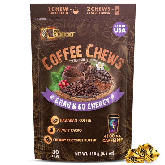 YouChews Coffee Chews - Grab & Go Energy with 100mg per Chew of Clean, Green Caffeine. With Real Organic Ingredients, Low