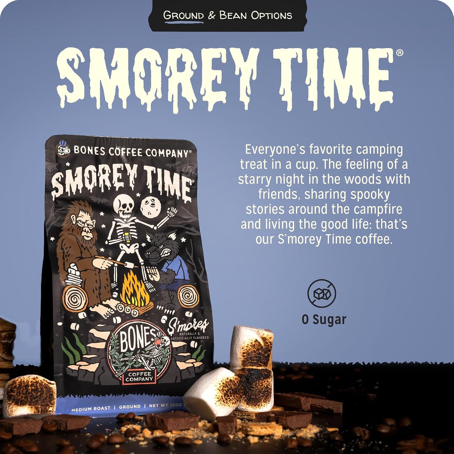Bones Coffee Company S'morey Time Flavored Coffee - Medium Roast - Ground or Whole Bean - Low-Acid Arabica Coffee Beans - Balanced S'mores and Graham Cracker Flavor - 12 Oz