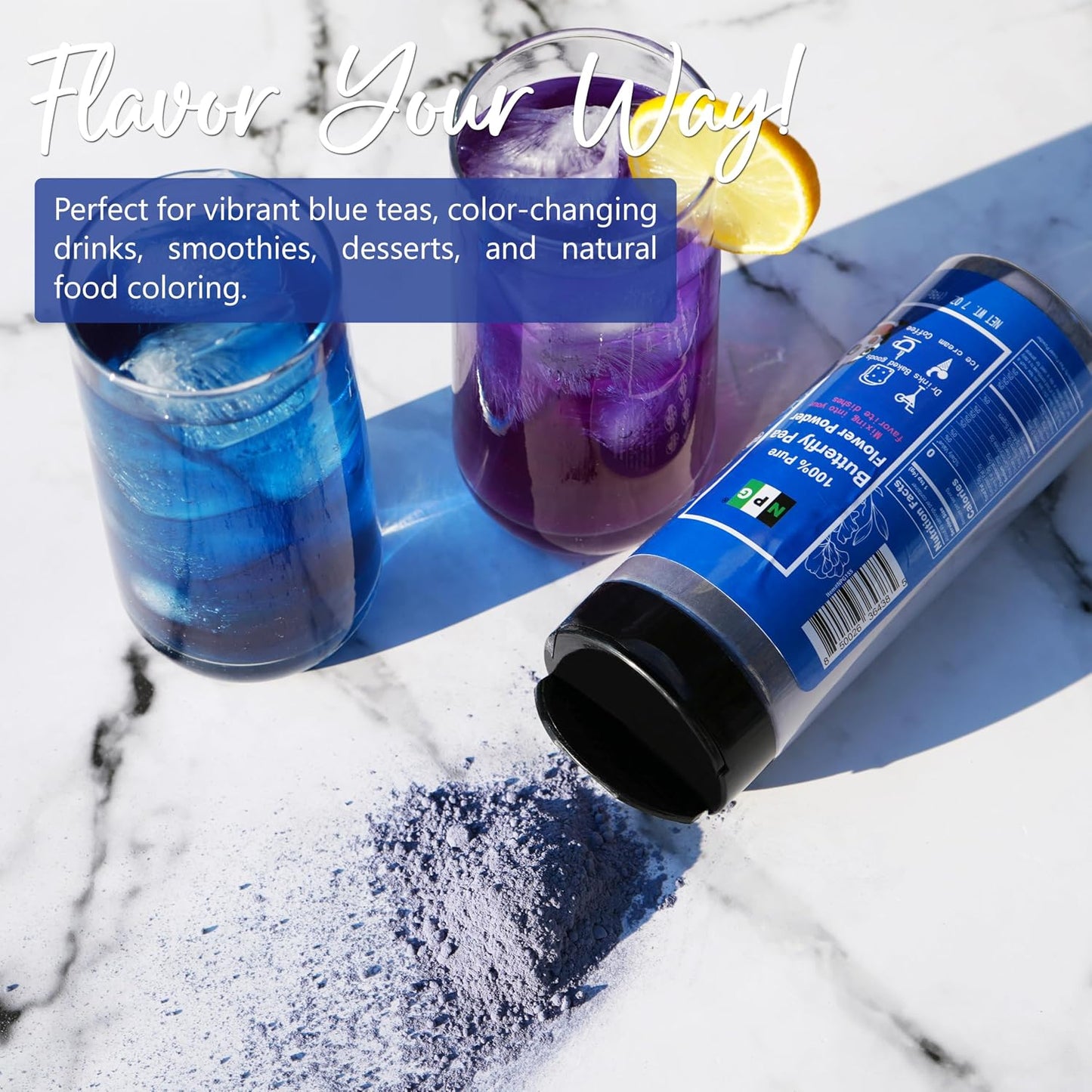 NPG Freeze Dried Blue Butterfly Pea Flower Powder 7 Oz | Natural Blue Color, perfect for lattes, tea, lemonade, smoothies, desserts and baking, caffeine free, vegan, all natural