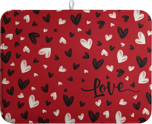 Valentines Day Dish Drying Mat Red Black Love Heart Valentine Kitchen Dish Drying Pad Absorbent Dish Dryer Mat for Kitchen