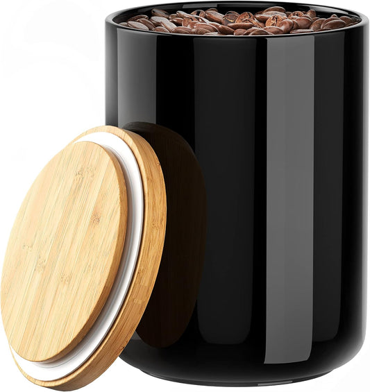 ALYC White Ceramic 1050mL 4 cup Food Storage Canister with Airtight Bamboo Lid and Silicone Seal Container for Counter -