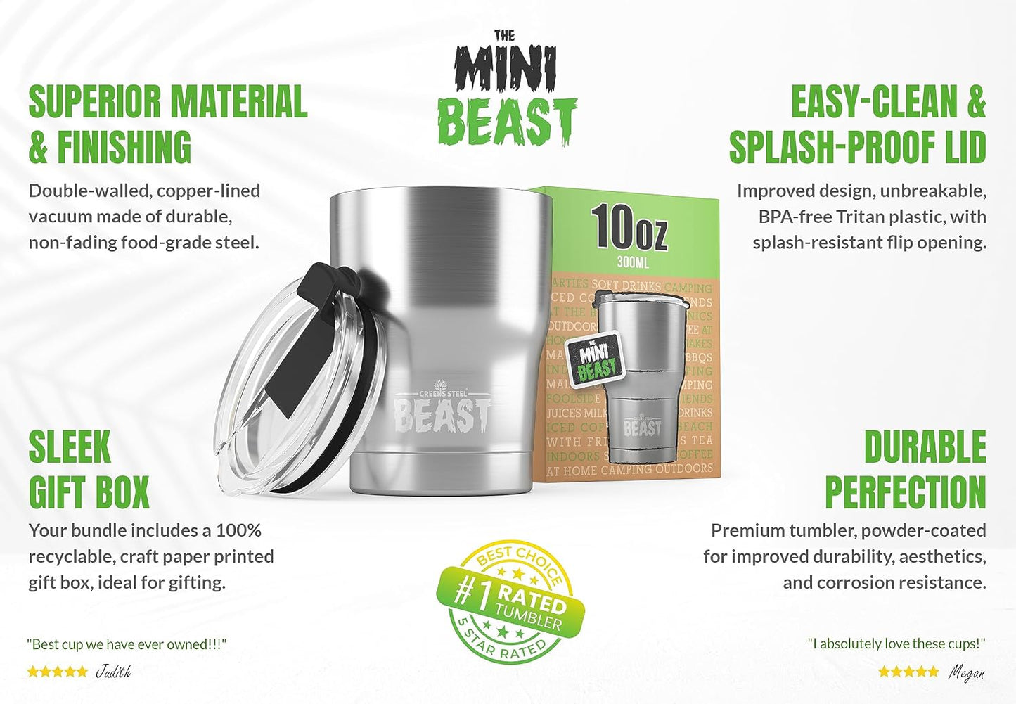 Beast 10 oz Tumbler Stainless Steel Vacuum Insulated Coffee Ice Cup Double Wall Travel Flask (Steel)