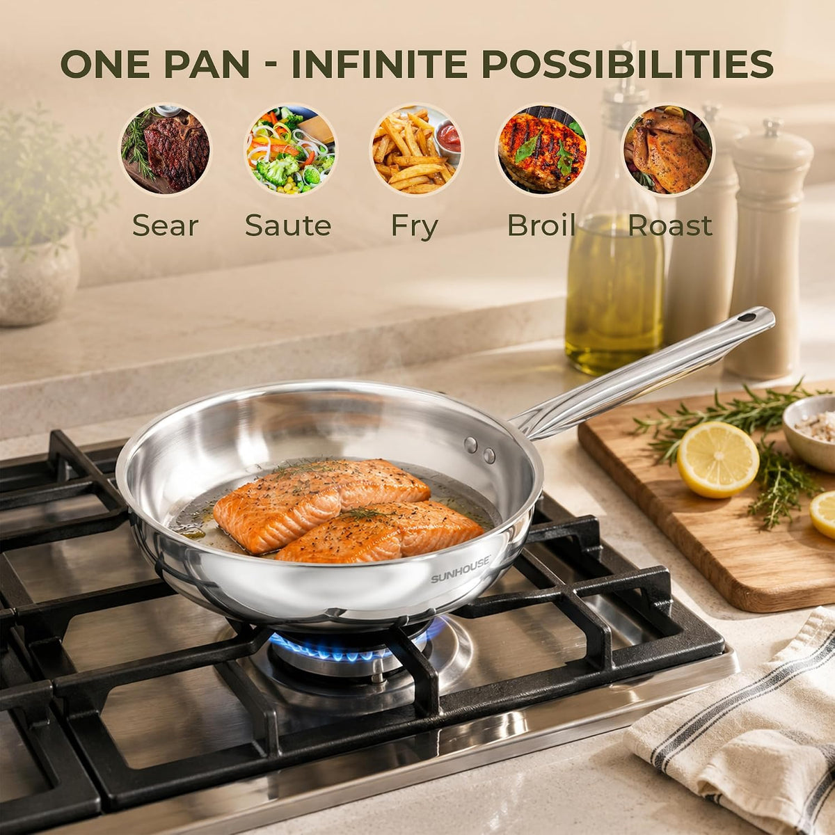 Sunhouse 18/10 9 Inch Stainless Steel Frying Pan, Whole-Clad No Coatings Skillet with Stay-cool Handle for Cooking, Durable & Oven Safe to 500°F, Dishwasher Safe, Compatible with All Cooktops