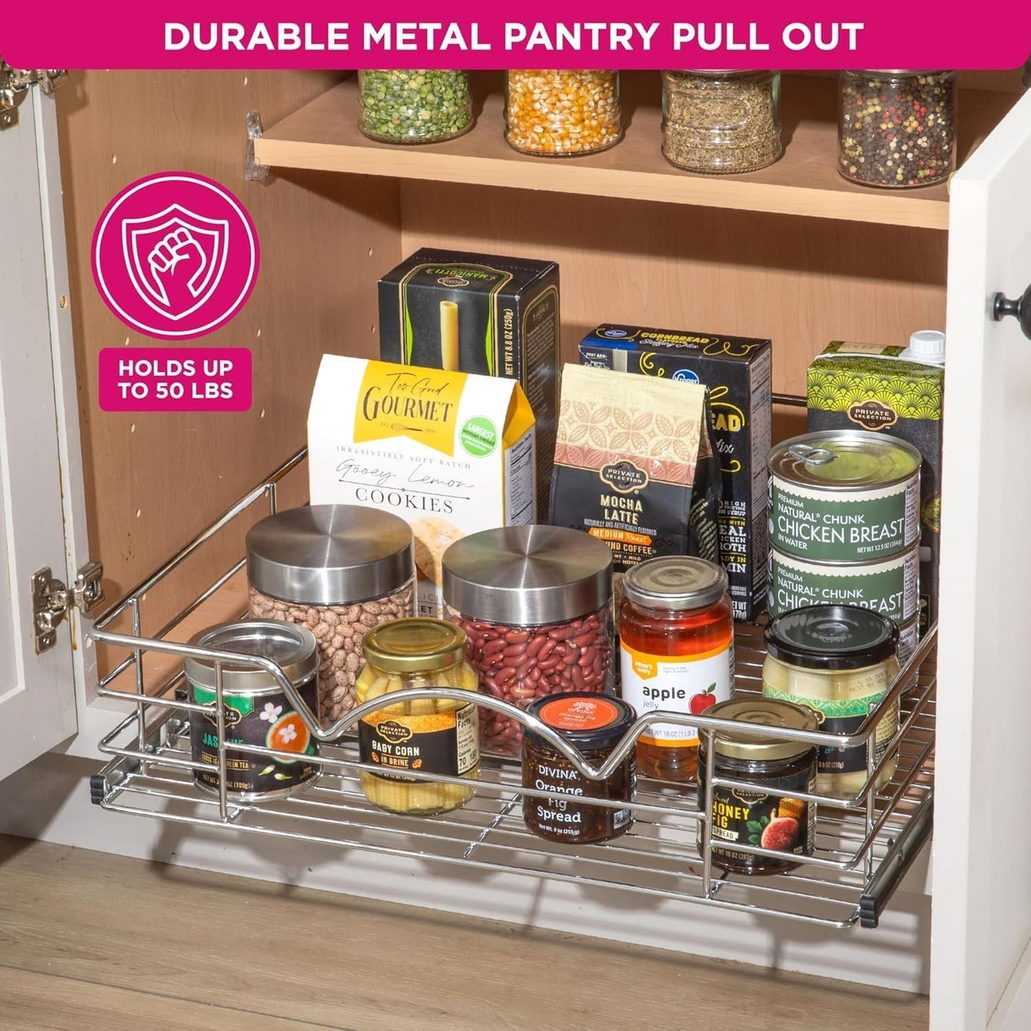HOLDN’ STORAGE Pull Out Cabinet Organizer, Pantry Drawer, 20"W x 21"D x 5"H