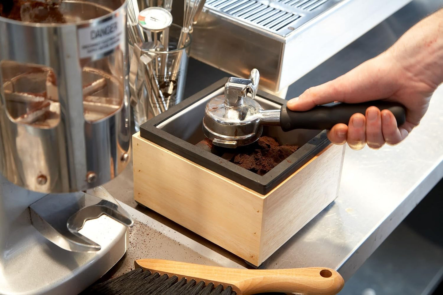Rattleware Stainless Steel Knock Box with Maple Holder – Heavy-Duty Espresso Knock Bin, Perfect Coffee Bar Accessories, Durable Barista Accessory, Easy to Clean Grounds Container