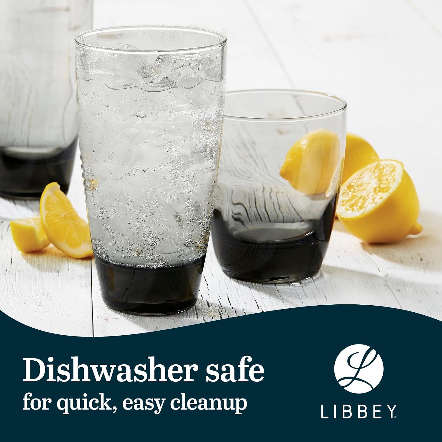Libbey Classic Tumbler &amp; Rocks Drinking Glasses Set of 16, Clear Glass Cups | 18 oz and 13 oz Capacities for Water, Soda, Cocktails, and More with Smoke-Tinted Bases and Dishwasher-Safe Cleanup