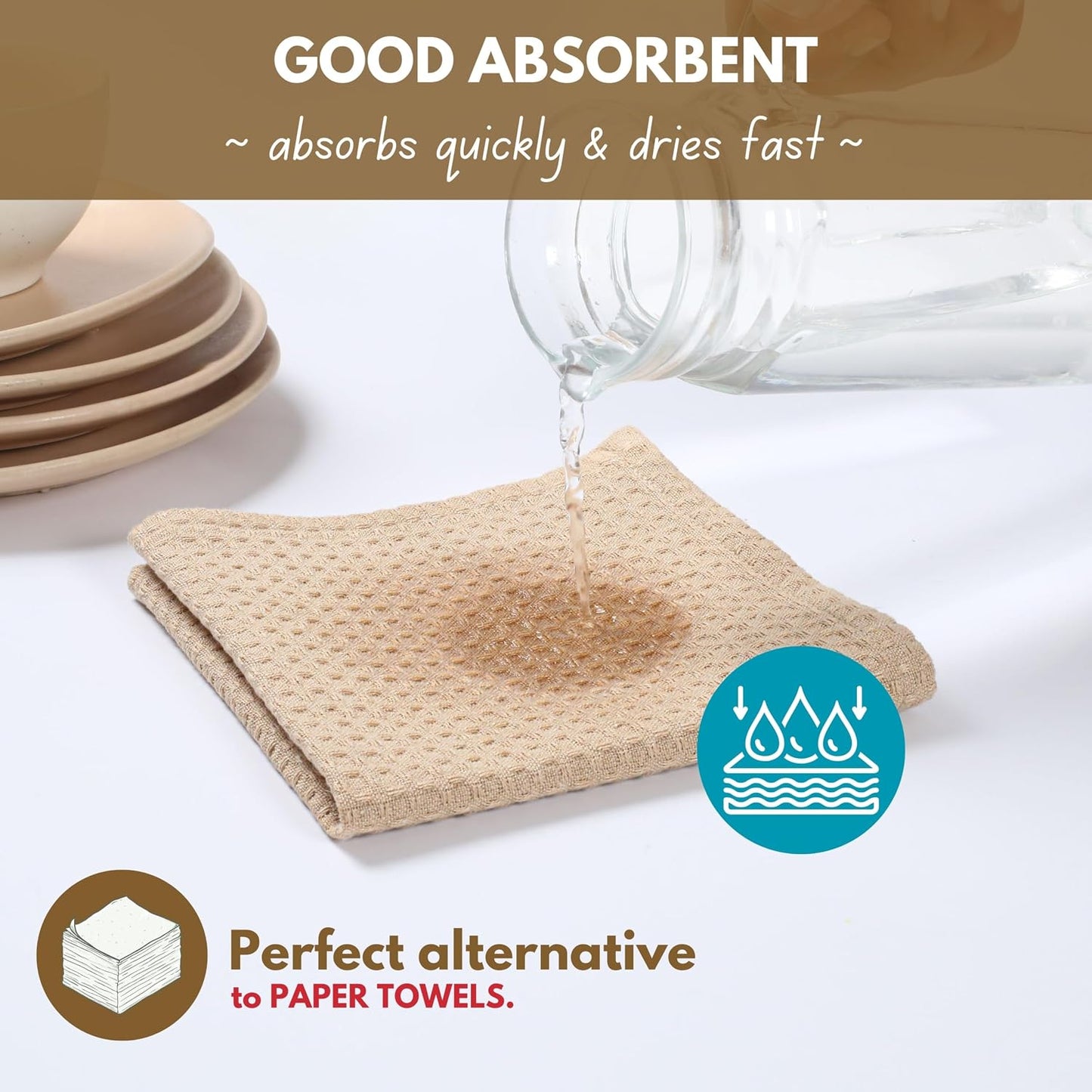 Native Fab Cotton Kitchen Towel with Hanging Loop 16x26 inches, 4-Pack, Waffle Weave Kitchen Towels for Cleaning Drying, Washcloths Soft &amp; Absorbent Cloth Rags, Bar Towel, Dish Cloth, Beige