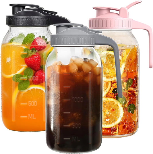 64oz Large Mason Jar Pitcher with Lid, 2 Quart Glass Tea Pitchers for Fridge, Leak-proof Coffee Dispenser,Heavy Duty Water