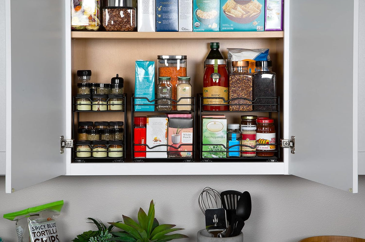 Pull Out Cabinet Organizer for Spices, Cans - Heavy Duty with Lifetime Limited Warranty- Pull Out Spice Rack- Cabinet Pull Out Shelf for Cans,Dishes, Etc, 20-3/8"Wx 10-1/2"D x 2-3/4” H, Black