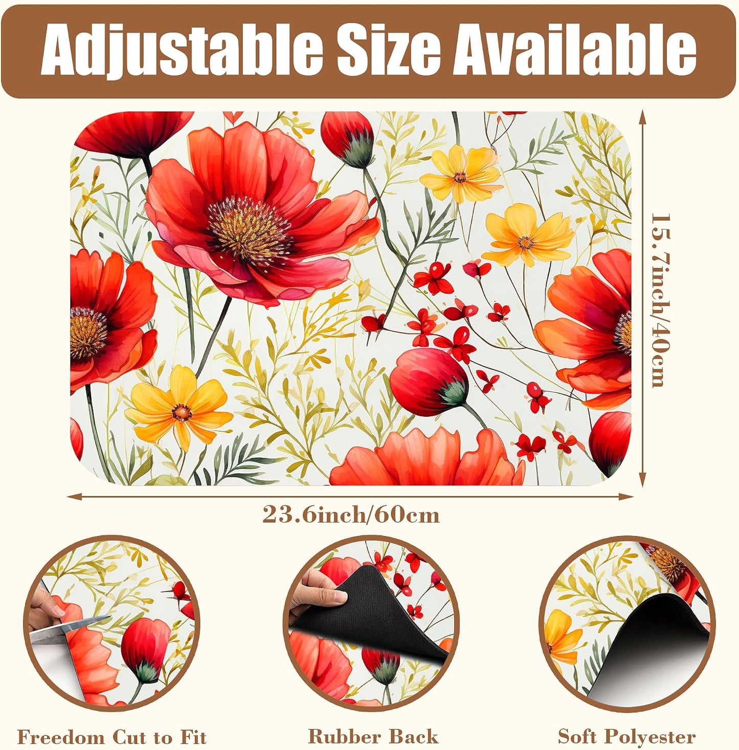 Red and Yellow Flowers Coffee Mat Absorbent Dish Drying Mat for Kitchen Counter Hide Stain Rubber Backed Coffee Bar Accessories Fit Under Espresso Machine Dish Drainer, 15.7 x 23.6 Inch