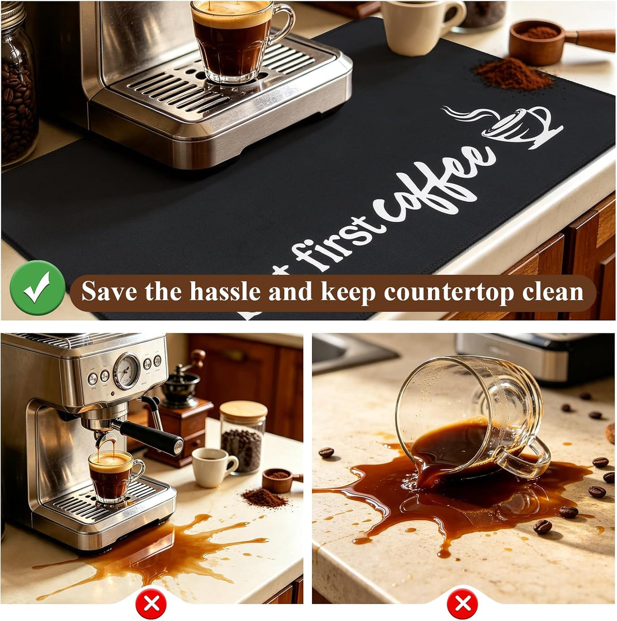 SHACOS Coffee Mat 2 Pack 16x24 Inch Black | Absorbent Non Slip Rubber Backing Coffee Maker Mat for Countertop Heat Resistant Dish Drying Mat