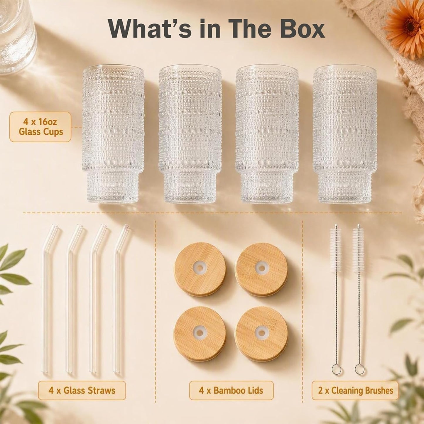 Glass Cups with Lids and Straws 16 oz Hobnail Drinking Glasses | Vintage Iced Coffee Cup with Bamboo Lid, Cute Stackable Glassware for Cocktail Juice Matcha Smoothie Home Kitchen