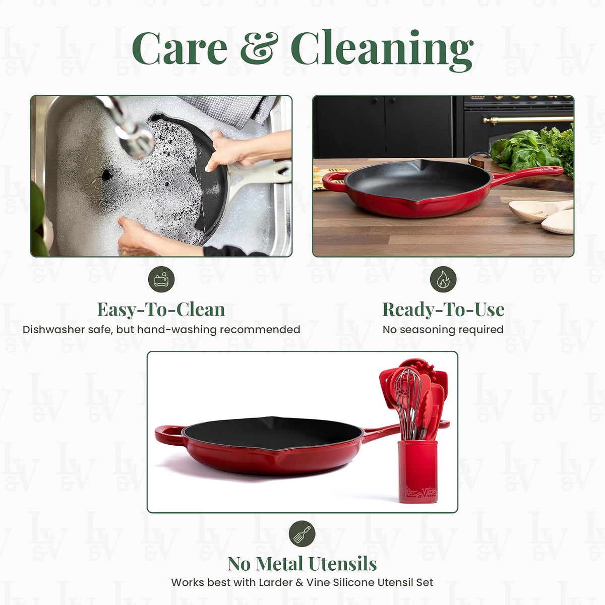 Larder & Vine Enameled Cast Iron Skillet | 10.25 inch Skillet | Saute Pan with Pour Spouts | Enamel Coated Cast Iron | Compatible on All Cooktops & Oven Safe to 500 F | Cabernet
