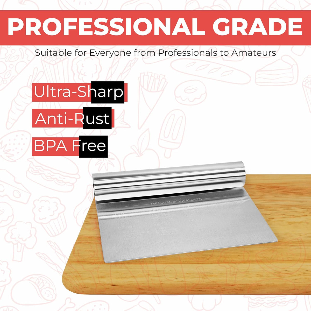 Bench Scraper for Baking, Food Scraper Stainless Steel Blade Dough Cutter with Engraved Measuring Guide &amp; Equivalent Chart, Scraper Tool kitchen Use for Scrapping, Cutting, Chopping, 2 Pack -by RamPro