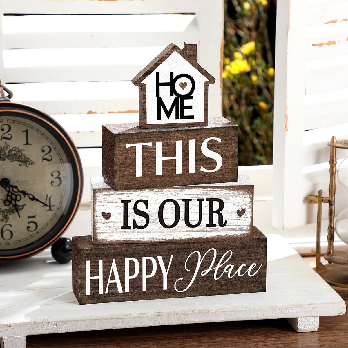 Cinnvoice 4 Pcs Farmhouse Table Decoration Rustic Sign Block,Vintage Home | This Is Our Happy Place Wood Sign, Home Tabletop Centerpiece, Modern Farmhouse Decor for Home Kitchen Shelf Tier Tray Decor