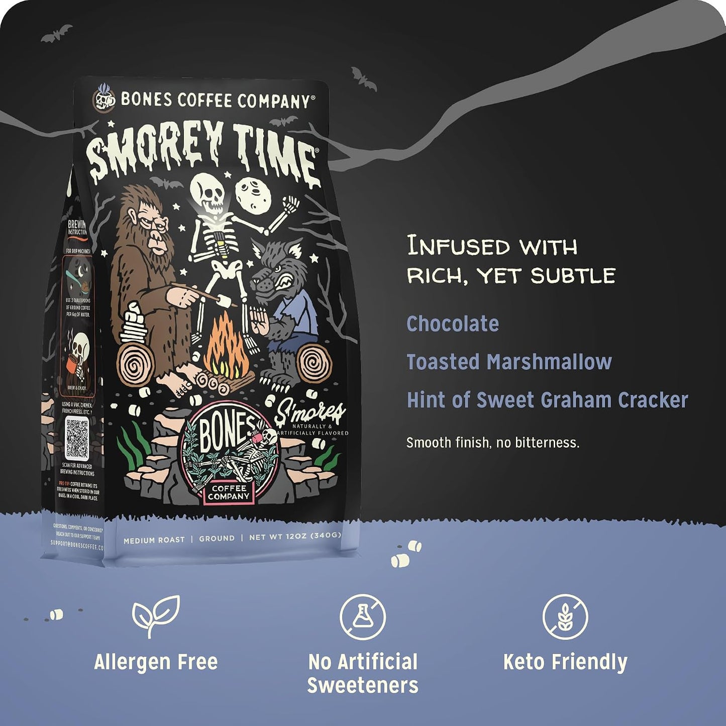 Bones Coffee Company S'morey Time Flavored Coffee - Medium Roast - Ground or Whole Bean - Low-Acid Arabica Coffee Beans - Balanced S'mores and Graham Cracker Flavor - 12 Oz