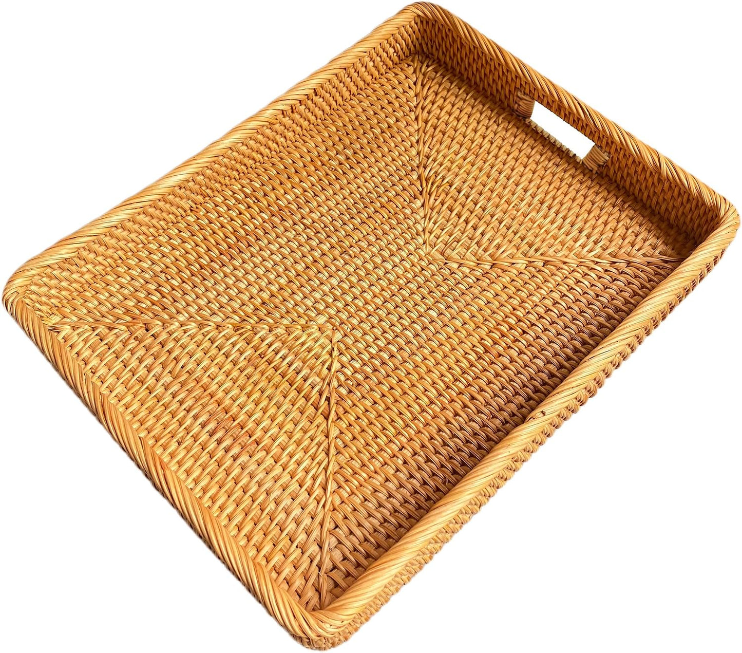 i-lan 17-Inch Large Rectangular Rattan Serving Tray with Handles | Handwoven natural wicker tray for breakfast, drinks, fruit, coffee tables and ottomans. Size: 17 x 13 x 2.4 inches.