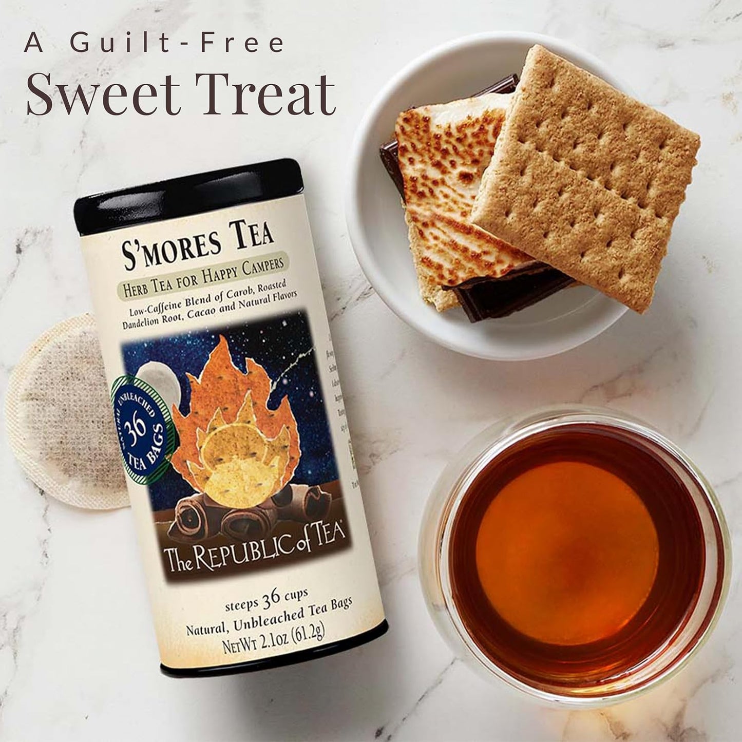 The Republic of Tea S'mores Herbal Tea, Caffeine Free, 36 Count | Suitable for day or evening . Smooth and rounded with notes of cocoa richness and roasted root. Gluten Free and Kosher.