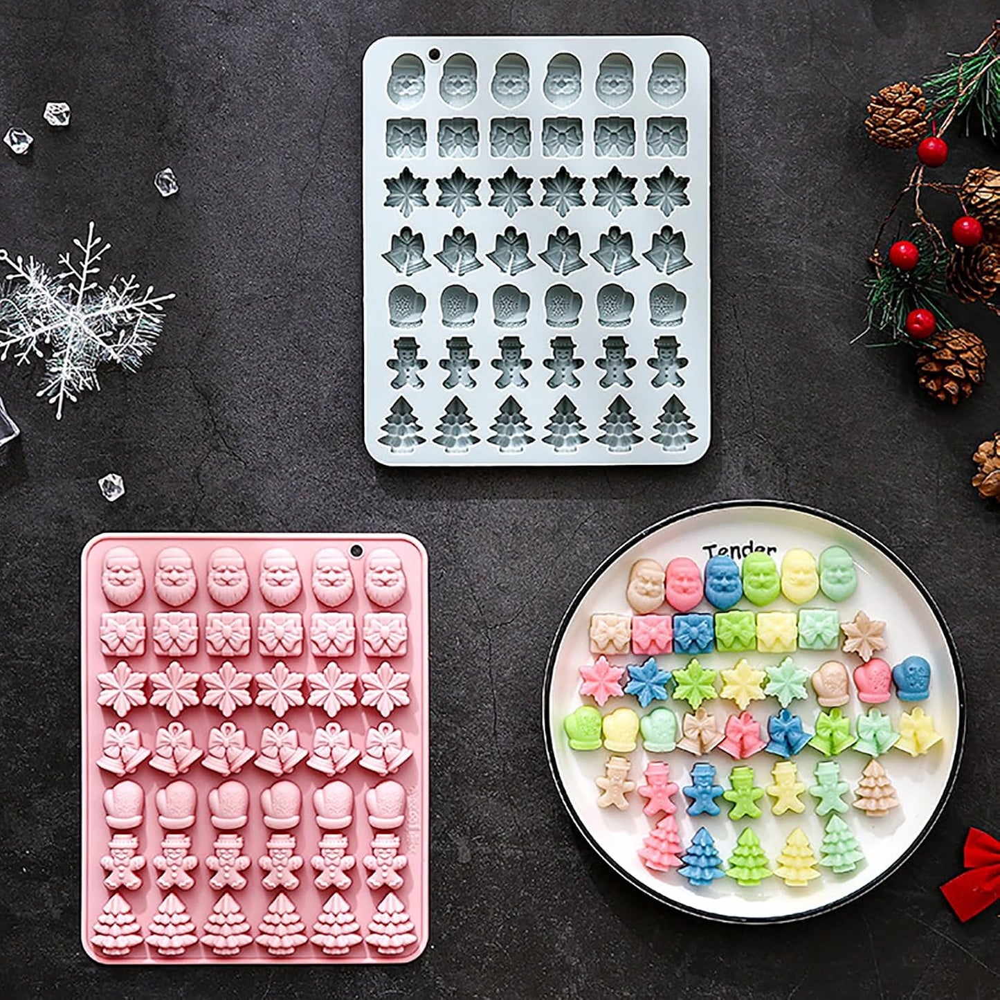 2 Pcs Christmas Chocolate Molds, 42-Cavity Silicone Molds Shape Have Santa Clause Christmas Tree Snowflakes Gingerbread Man Bell Gift Box Gloves for Jellies, Candies, Ice Cubes, Wax Melts, Soaps