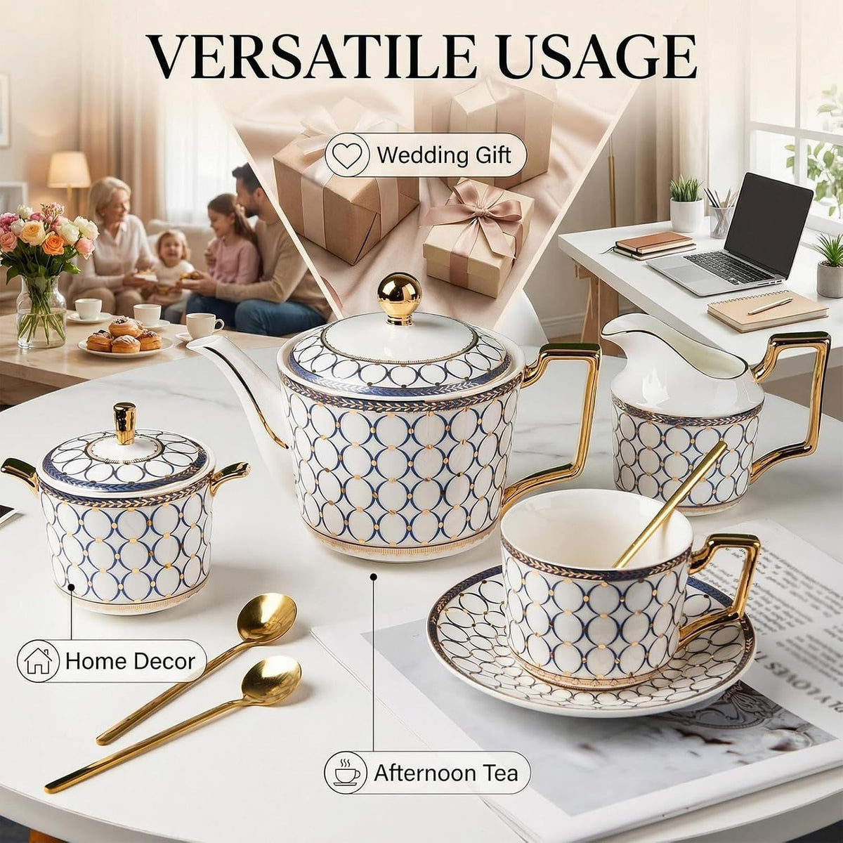 4Pcs White Gold Bone China 7oz Cup Saucer, British Coffee Tea set | Elegant Coffee &amp; Tea Set with Exquisite Gifts Box, Ideal for Women and Adults Afternoon Tea Party