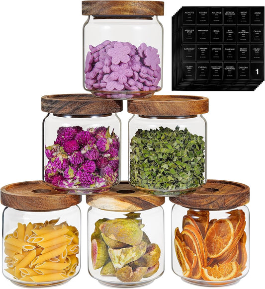 Small Glass Jars with Labels Spice Jar Round Storage Canister with Wooden Lid Clear Glass Food Jar for Pantry Sugar Tea