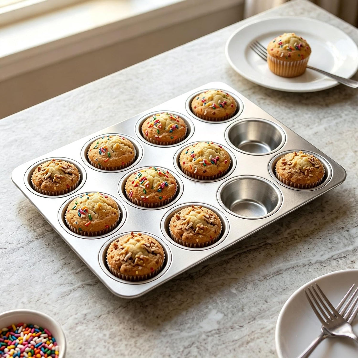 Homikit Stainless Steel Muffin Cupcake Pan 12 Cups, Non Toxic &amp; Heavy Duty | 1PC Nonstick Cupcake Baking Tins Regular Size, 13.8 x 10.4 Inch Metal Egg Bites Tray for Oven, Easy Release, Dishwasher Safe