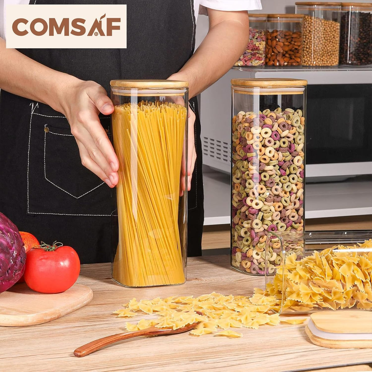 ComSaf Glass Spaghetti Pasta Storage Containers with Lids 2.2 Qt Set of 3, Tall Clear Airtight Food Storage Jar with Lid for Noodles Flour Oat Cereal Sugar Beans, Sqaure Spaghetti Pantry Containers