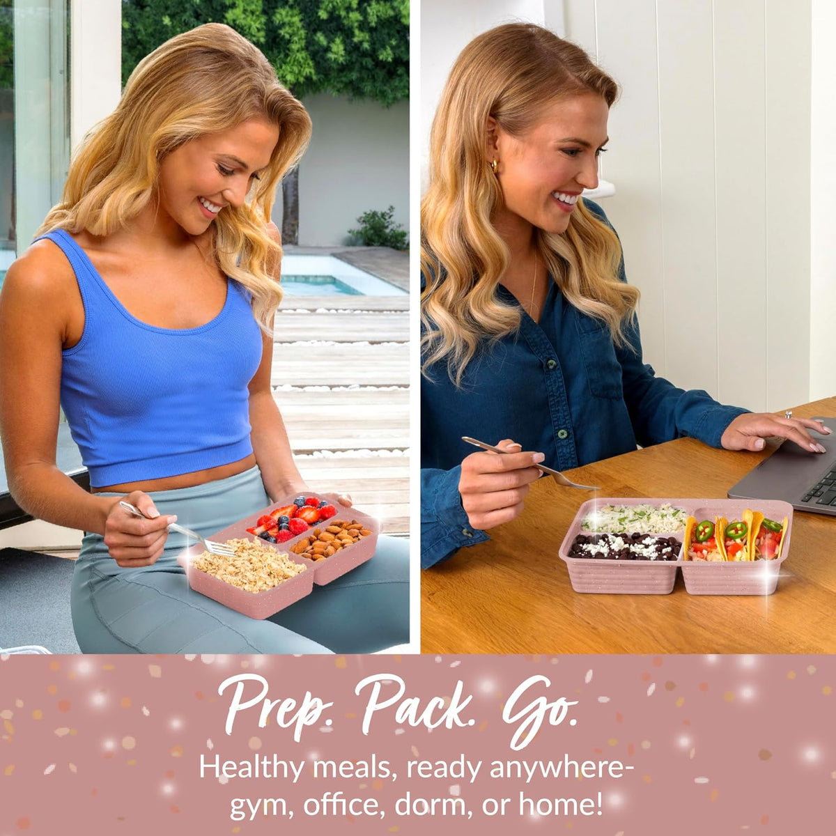 Bentgo Prep - 20-Piece 3-Compartment Reusable Meal Prep Containers with Lids, PFAS & BPA Free Materials, Durable, Microwave, Freezer, & Dishwasher Safe To Go Food Storage (Rosette Glitter)