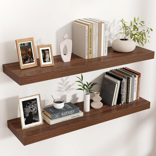 Floating Shelves - 2 Large Wall Mounted Shelves with Invisible Brackets, Long Walnut Wood Floating Wall Shelf for Living