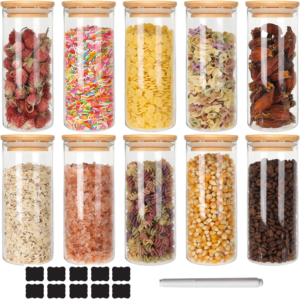 DHSBTLS 10 Pack 14 oz Glass Jars with Airtight Bamboo Lids for Kitchen