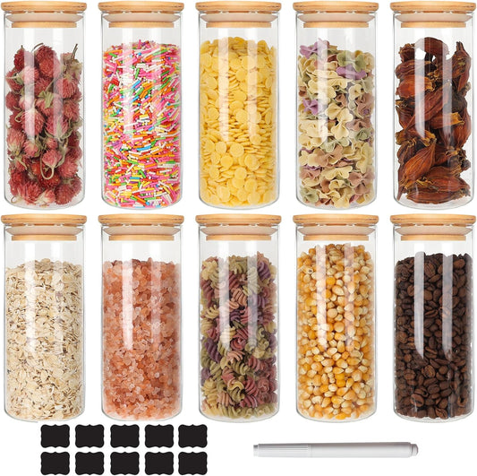 DHSBTLS 10 Pack 14 oz Glass Jars with Airtight Bamboo Lids for Kitchen
