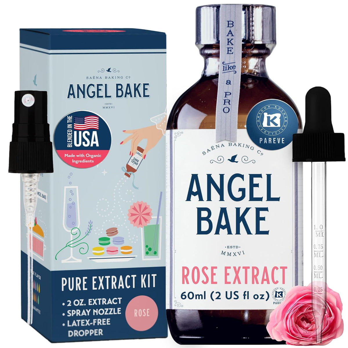 Angel Bake Pure Bulgarian Rose Extract, 2 oz w/ Sprayer | Water soluble, food safe flavoring to mist or dose into cocktails, tea, baking and candy; edible, vegan, gluten free