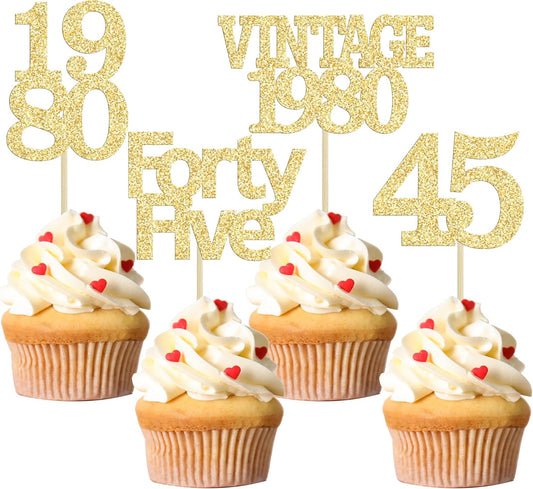 Gyufise 24Pcs 45th Birthday Cupcake Toppers Glitter Cheers to 45 Fabulous Forty Five Vintage 1980 Cupcake Picks 45th