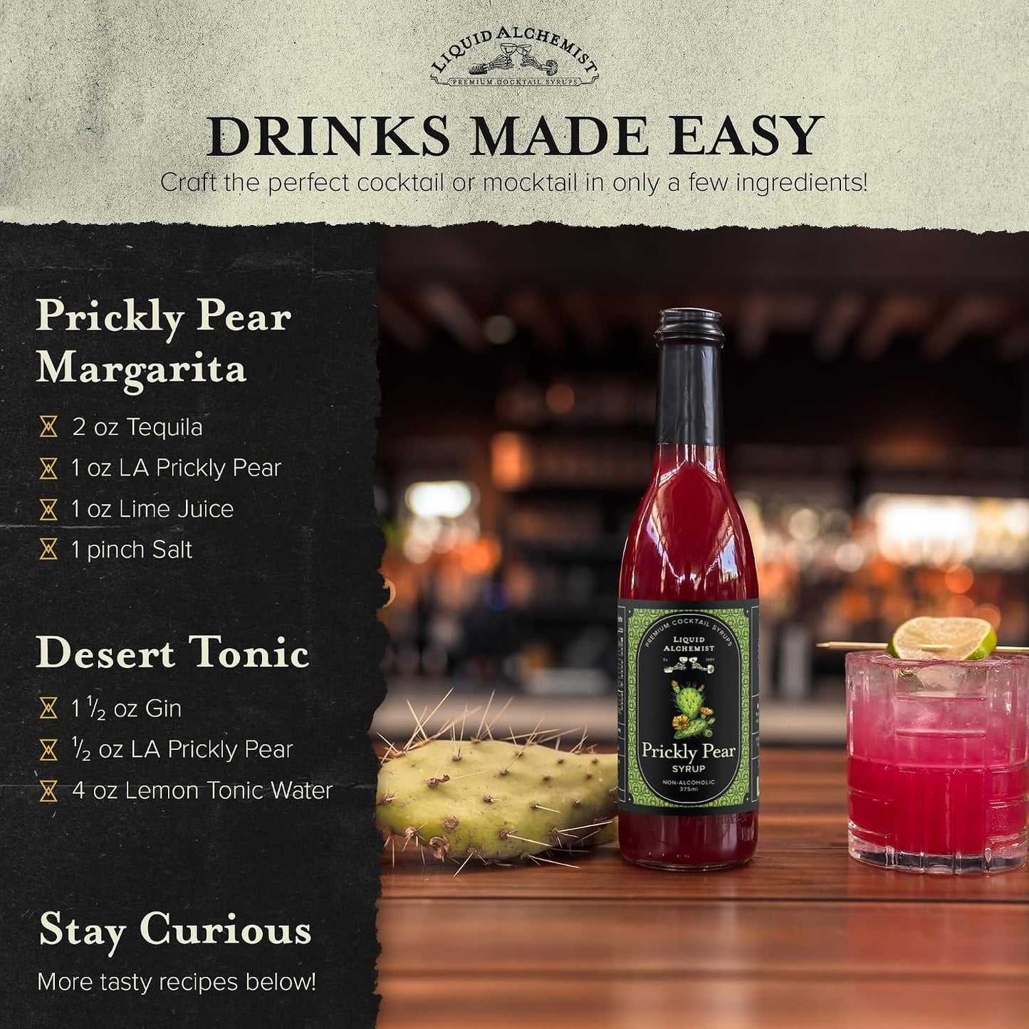 Liquid Alchemist Prickly Pear Syrup for Cocktails | Real Ingredients Make our Prickly Pear Puree a Perfect Margarita Mix | Small Batch, Non-GMO &amp; Vegan | 25.4 oz Drink Mixer, Pack of 1