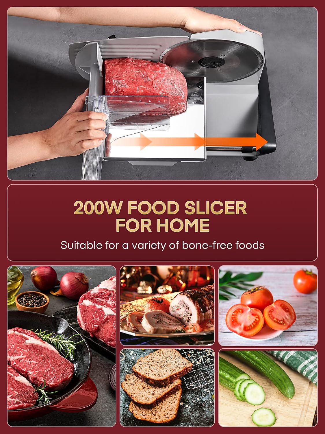 FOHERE 200W Meat Slicer 7.5" Serrated+Smooth Blades &amp; Adjustable Thickness