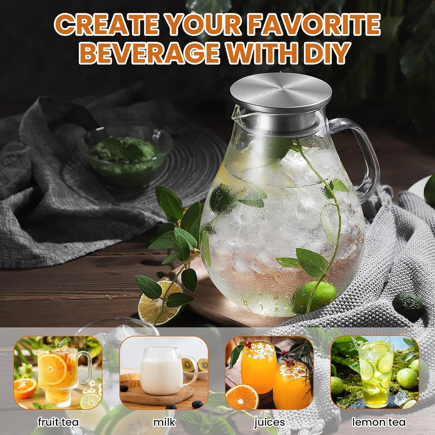SUSTEAS 3 Litre 101oz Glass Pitcher with Lid and Spout, Handmade Pitcher | Glass Carafe for Cold/Hot Drink, Water Pitchers for Fridge, Large Water Jug for Iced Tea, Juice, Coffee, Homemade Beverage