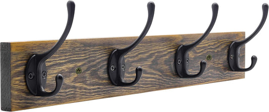 IBosins Wall Mounted Coat Rack, Entryway Hanging , Metal Wood Rack with 4 Black Literary Rustic Hooks Rail for Scarf, Bag,