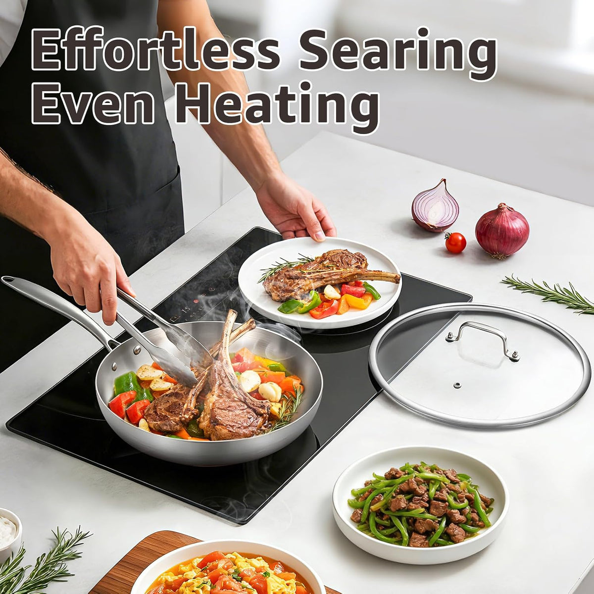 Inqibee 8 Inch Tri-Ply Stainless Steel Frying Pan with Lid,Omelet Pan,Egg Pan,Skillet,Induction Cooking Pan,Dishwasher and Oven Safe