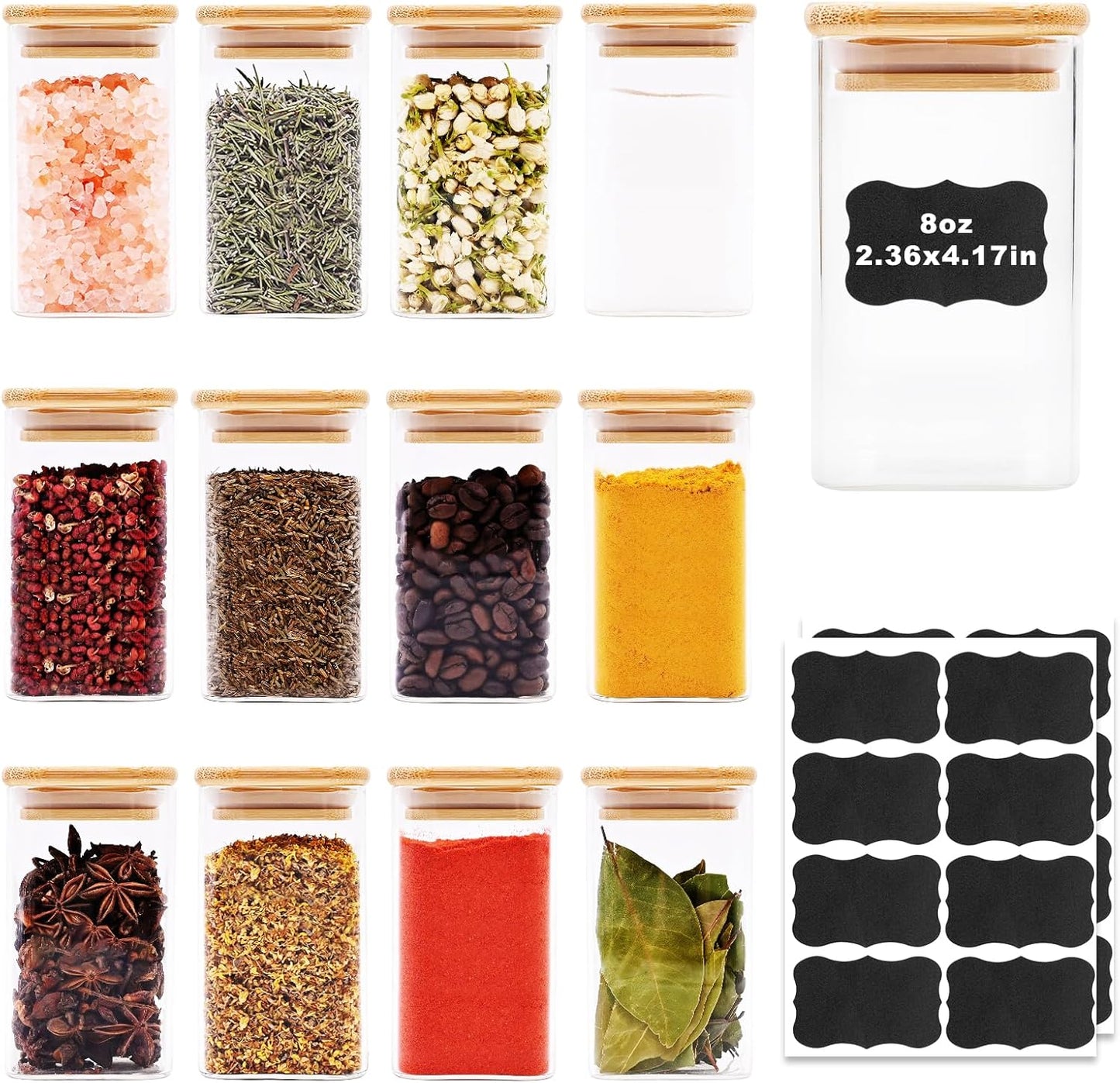 Glass Food Storage Jars Square 8oz, 12 Pack Glass Jars With Bamboo Lids, Kitchen Storage Containers 