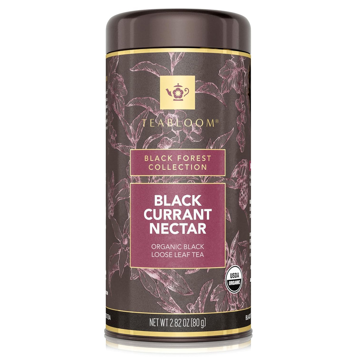 Teabloom Organic Black Tea, Black Currant Nectar Loose Leaf Tea, USDA Certified Organic, 2.82 Ounce Loose Leaf Tea Canister Makes 35-50 Cups
