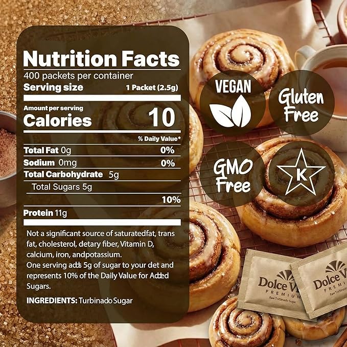 Raw Sugar Dolce Vitta Premium, (400 Ct Box) - Raw Sugar Turbinado Cane Sugar Packets, Pure, All-Natural Turbinado Sugar, Sugar Pure Cane, Non-GMO Project Verified, Kosher, Vegan and Gluten Free.