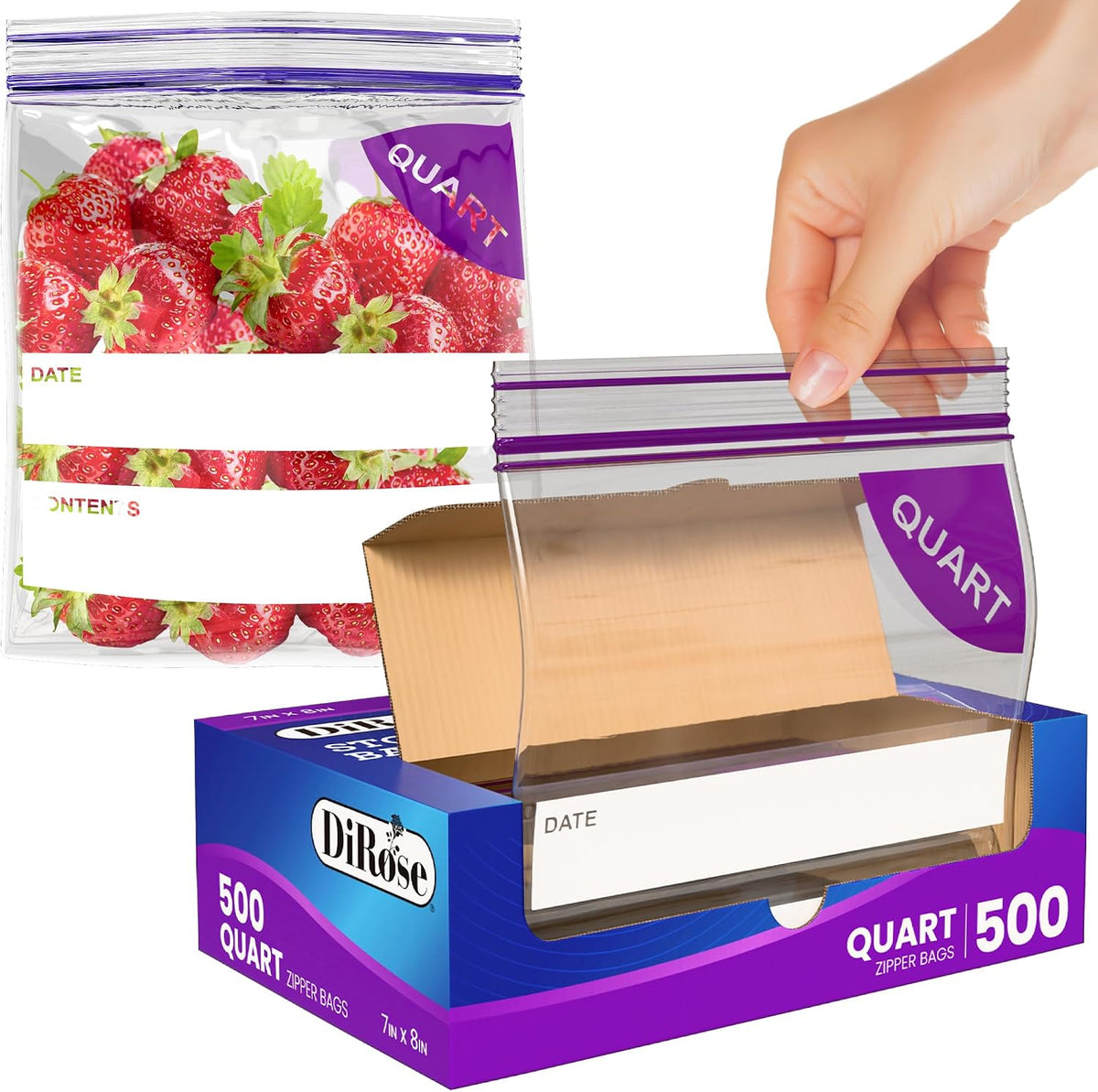 DiRose Quart Bags Pack of 500 – 1 Quart Reclosable Food Storage Bags – Practical and Durable Design – Food Safe Non-BPA Material – Easy Double Zip Closure – Ideal for Food, Snacks, Organizing