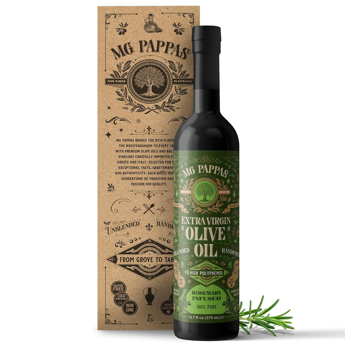 M.G. PAPPAS Rosemary Infused Olive Oil - High Polyphenol Rich Extra Virgin Olive Oil Unfiltered - Over 500mg/Kg - Cold Pressed Greek EVOO Award Winning - Rosemary Oil Cooking 12.7 Oz