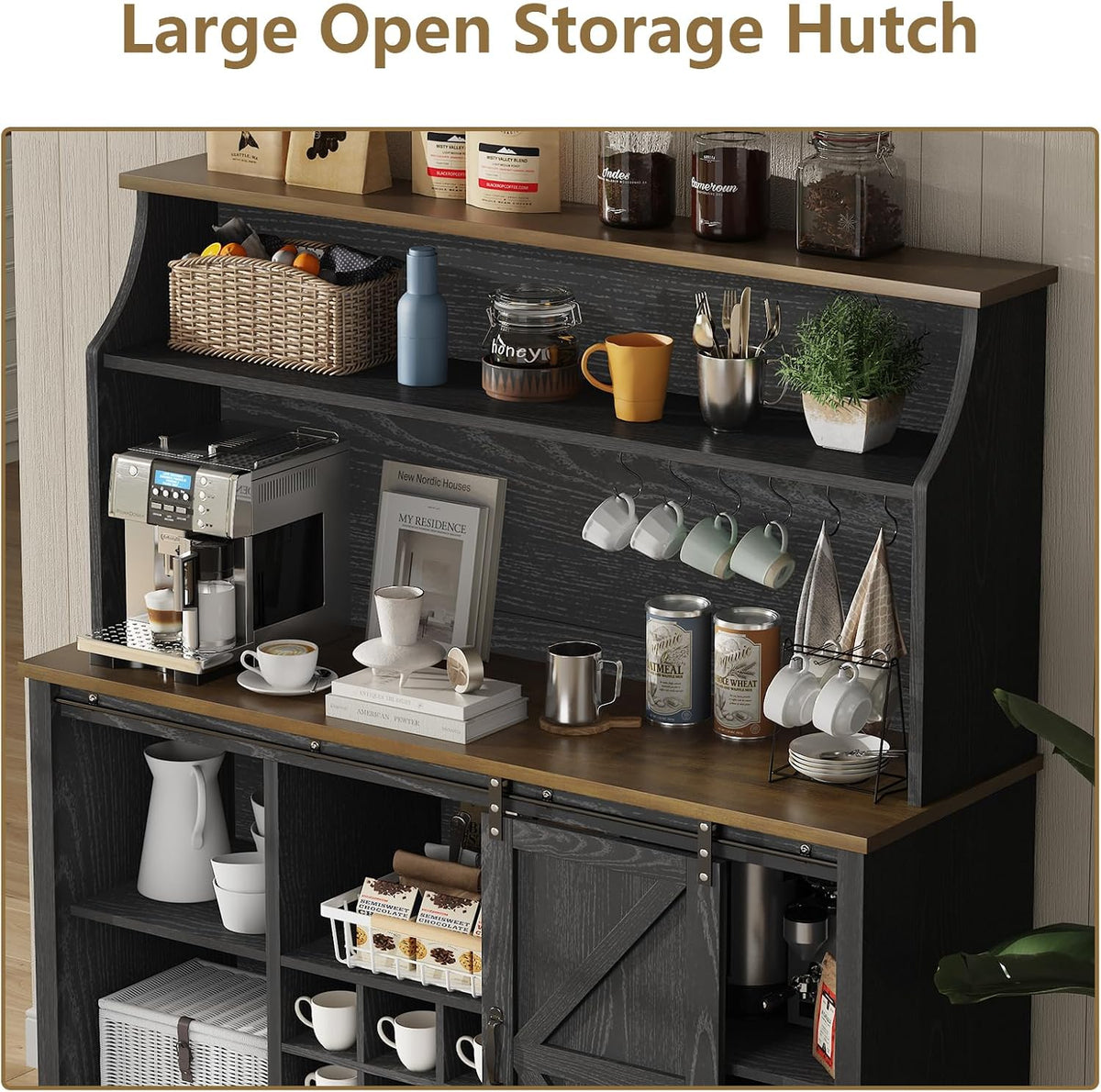 REVOMINCA 55" Farmhouse Coffee Bar Cabinet with 3 Tier Storage Hutch, Black