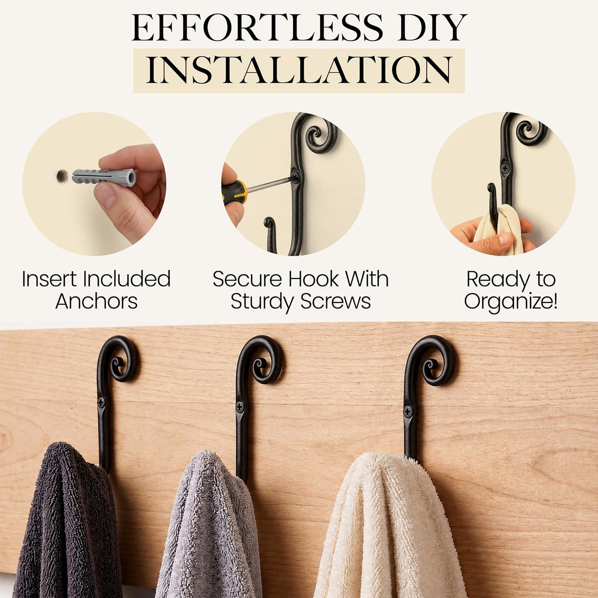 RTZEN Classic Farmhouse Wall Mount Multi-Use Wrought Iron Hook Set (3 Pack)