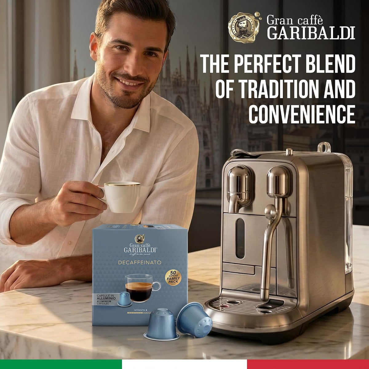 Gran Caffè Garibaldi Espresso Pods, Decaffeinato, 50Count | Italian Roasted Coffee, Decaf Capsules, Intense &amp; Rich Aroma - 50 Aluminum Cups