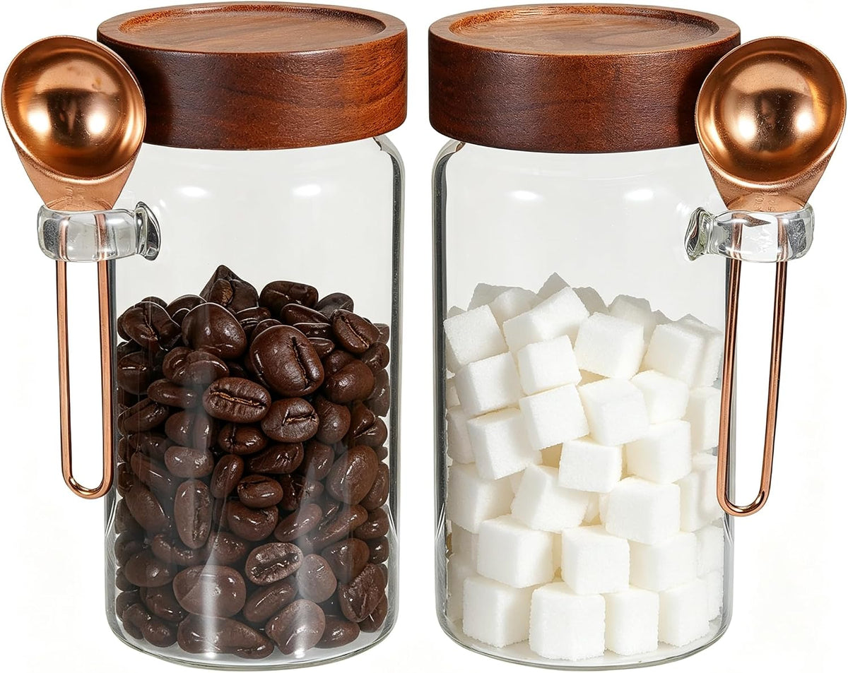 18 oz Glass Spice Jars with Spoons Wooden Airtight Lid Sugar Coffee Ground Canister Round Glass Food Storage Container for