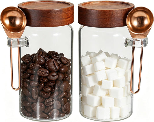 18 oz Glass Spice Jars with Spoons Wooden Airtight Lid Sugar Coffee Ground Canister Round Glass Food Storage Container for Herb Seasoning Cookies Tea Condiment Salt (2×550ml(18oz))