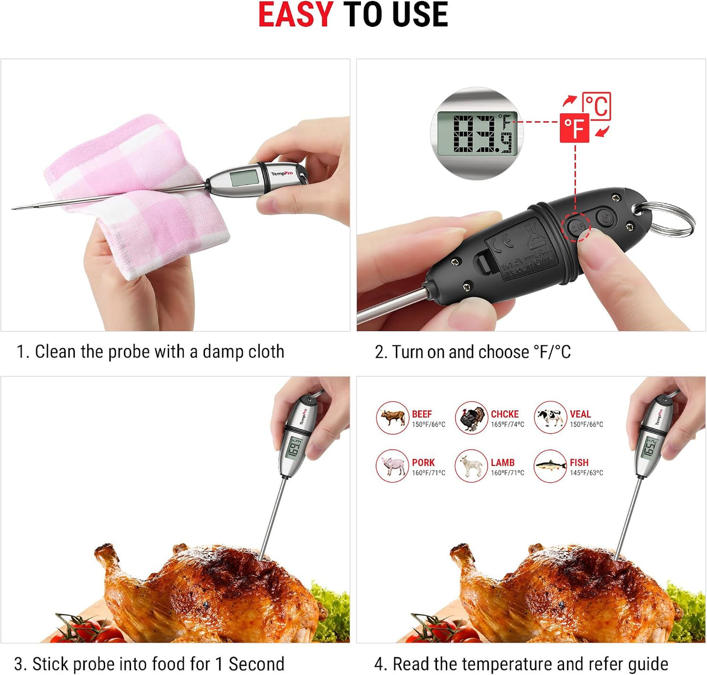 TempPro TempSwift 1 Sec Meat Thermometer Digital for Kitchen Cooking Food | 2 Pack, 5.3 inches Super Long Stainless Steel Probe, Bread Baking Sourdough Liquids Oil Frying Candy Making Accessories Gift