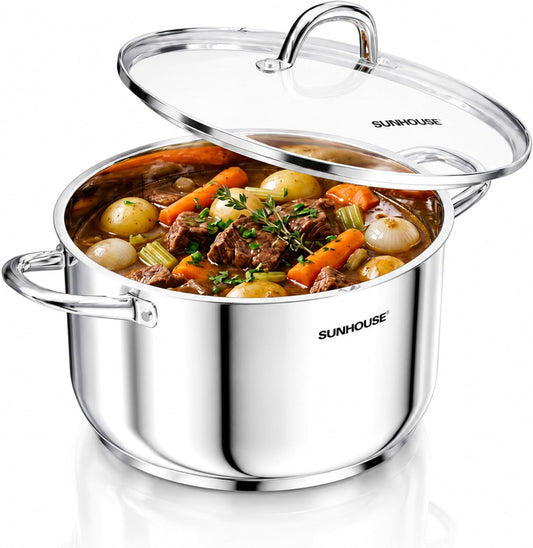 SUNHOUSE 13-Quart Stainless Steel Stockpot w/Tempered Glass Lid - Heavy-Duty, Food-Grade Cookware for Simmering, Boiling, and Induction Cooking - Exceptional Heat Distribution